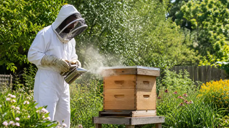 A new beekeeper standing beside a backyard hive on a sunny morning