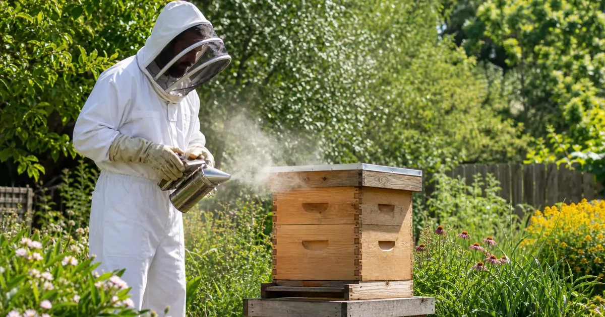 A new beekeeper standing beside a backyard hive on a sunny morning