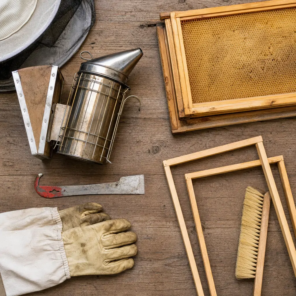 Beekeeping tools and protective gear laid out on a wooden table before assembly