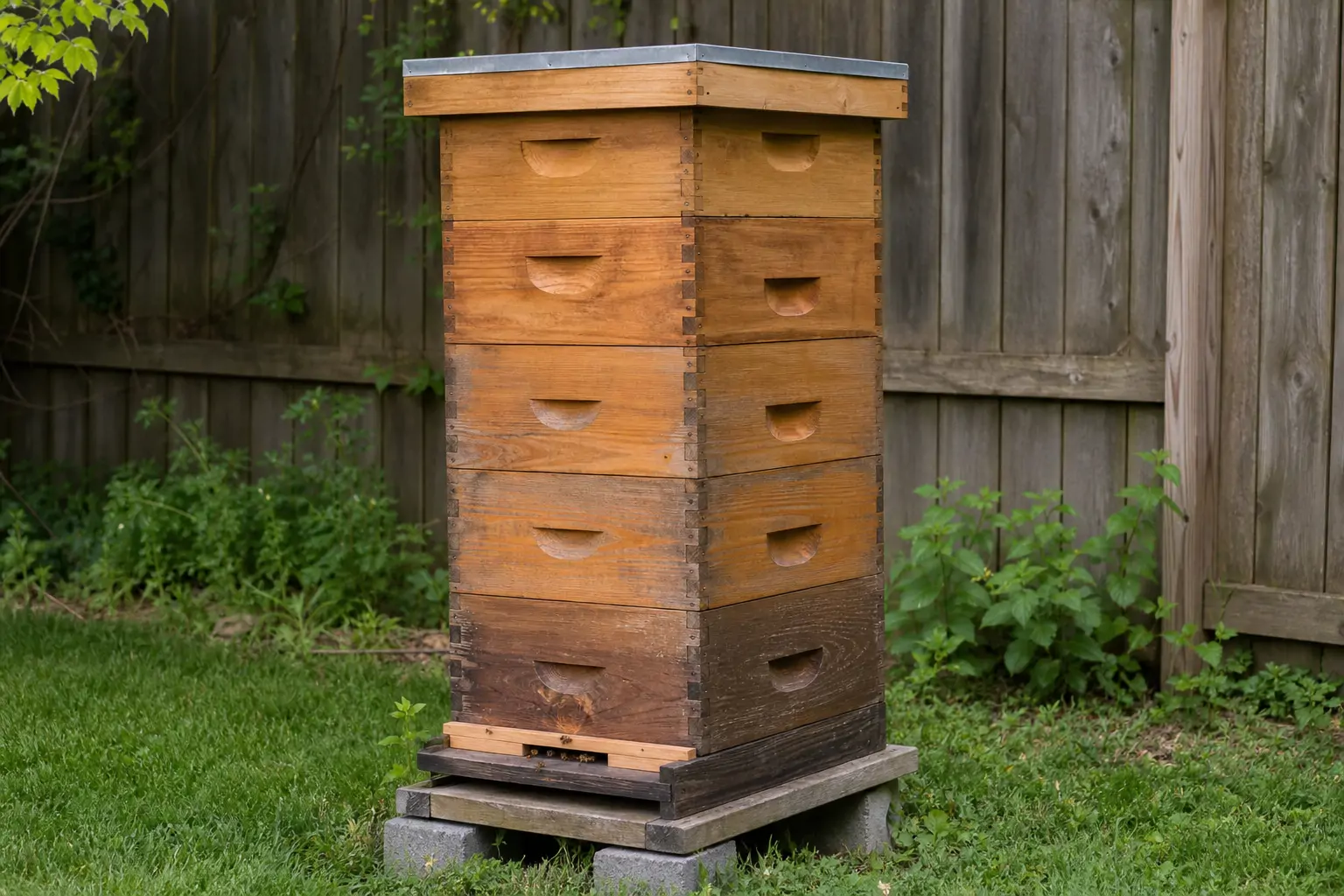 A wooden Langstroth beehive with stacked boxes standing in a grassy backyard