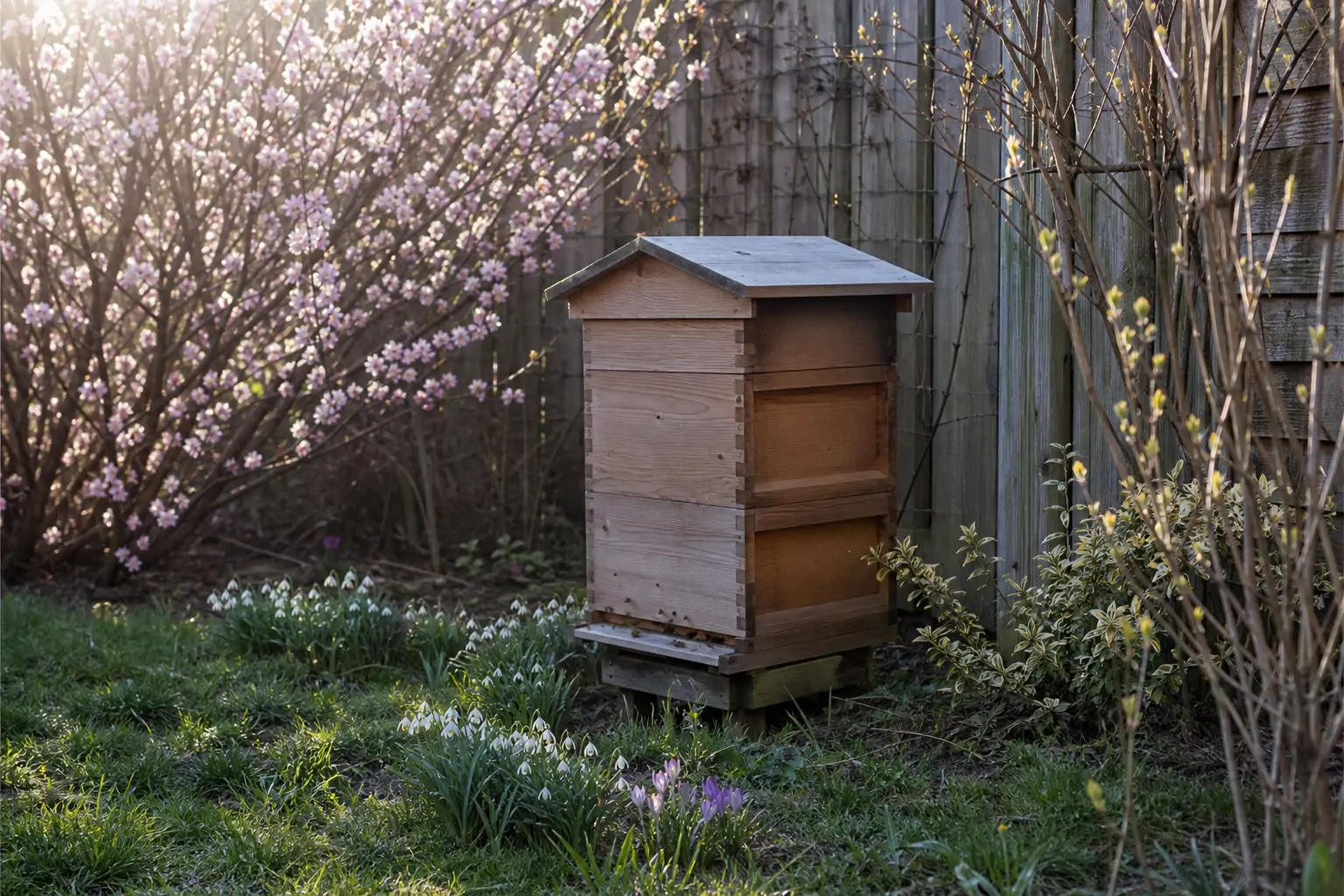 Early spring garden scene with a single beehive positioned near flowering shrubs