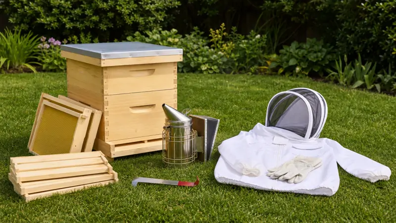 A beginner beekeeper arranging hive frames, smoker, and protective gear on a wooden table outdoors.