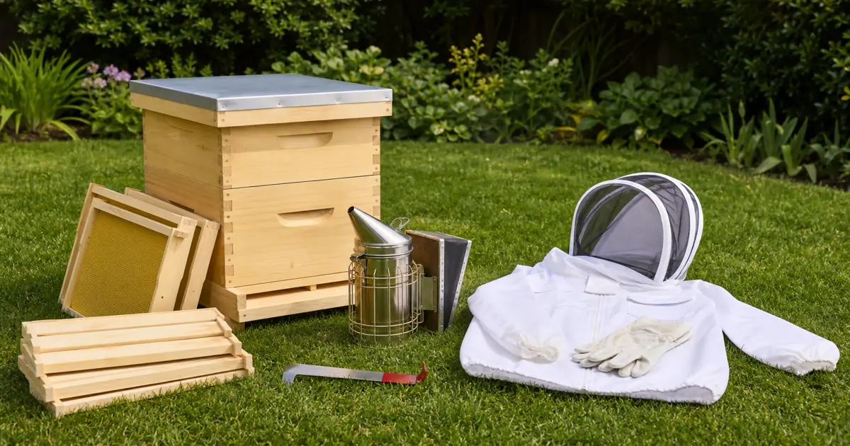 A beginner beekeeper arranging hive frames, smoker, and protective gear on a wooden table outdoors.