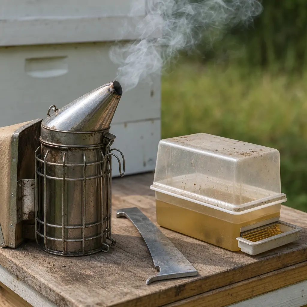 A beekeeper lighting a bee smoker beside a hive tool and entrance feeder on a wooden table.