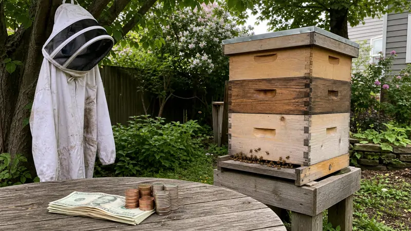 A backyard beekeeper counting coins beside a wooden beehive and protective gear