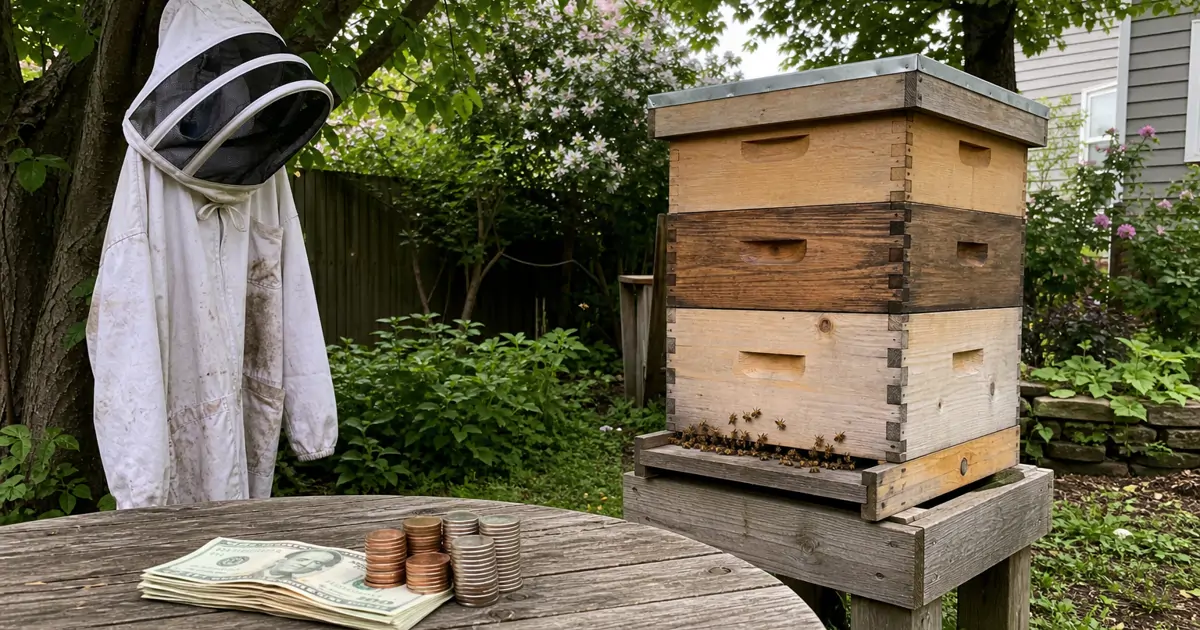 A backyard beekeeper counting coins beside a wooden beehive and protective gear