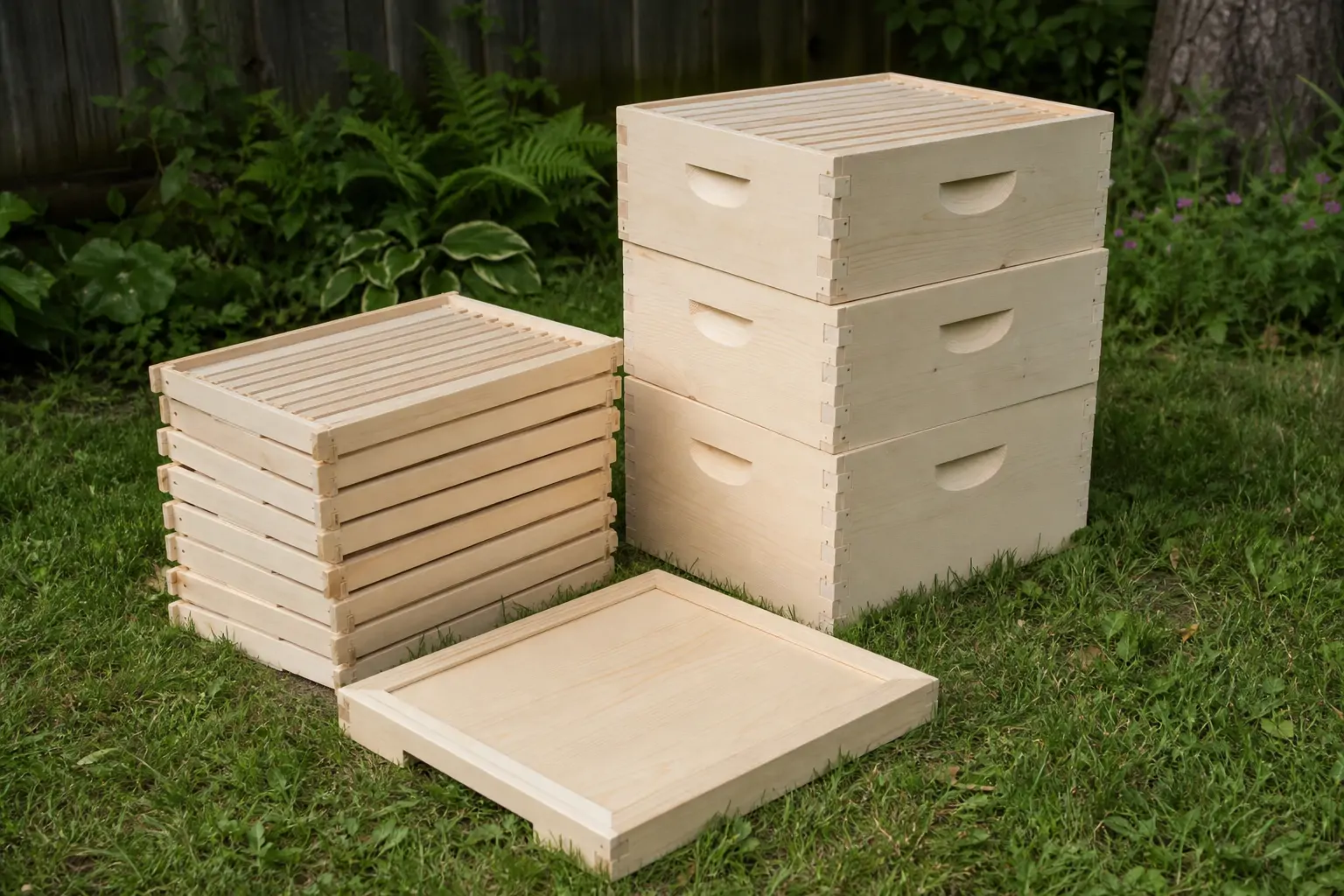Stacked wooden beehive boxes and frames arranged in a backyard before assembly