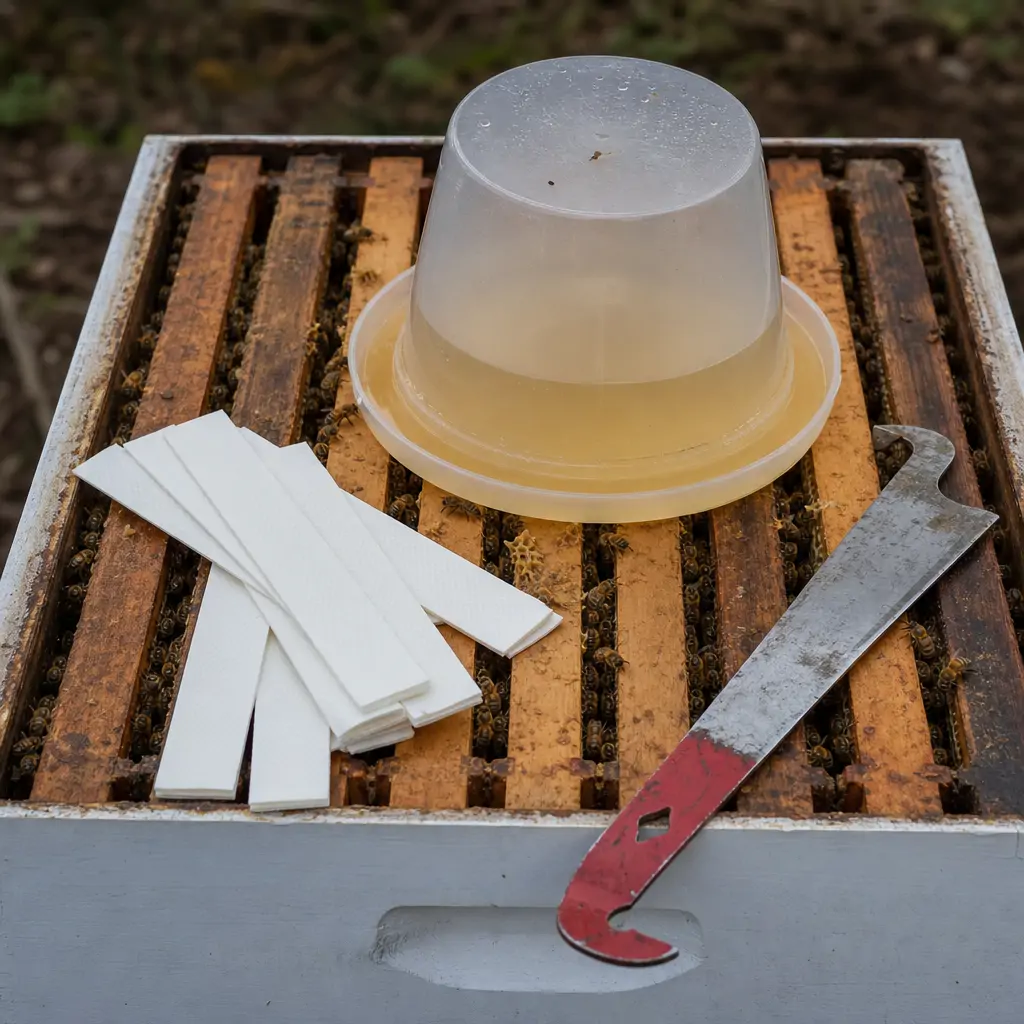 Beekeeper laying out mite treatment strips and sugar syrup feeder beside an open hive