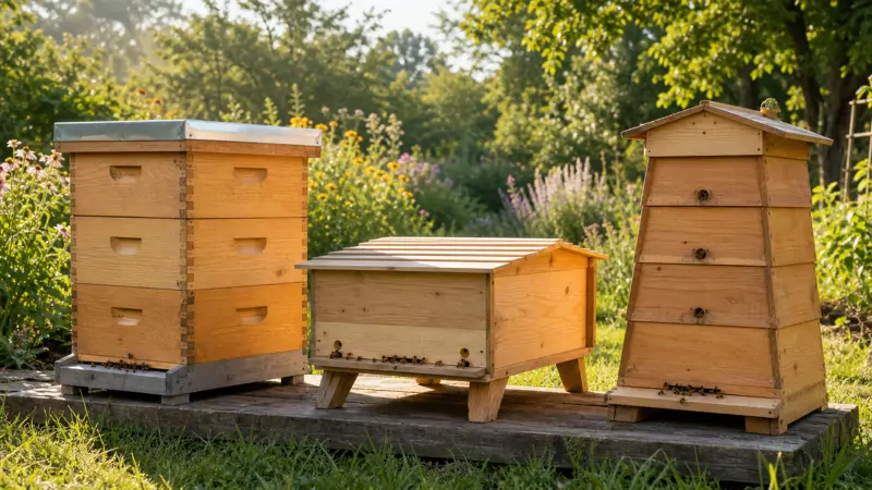 Three different styles of beehives lined up in a backyard garden setting