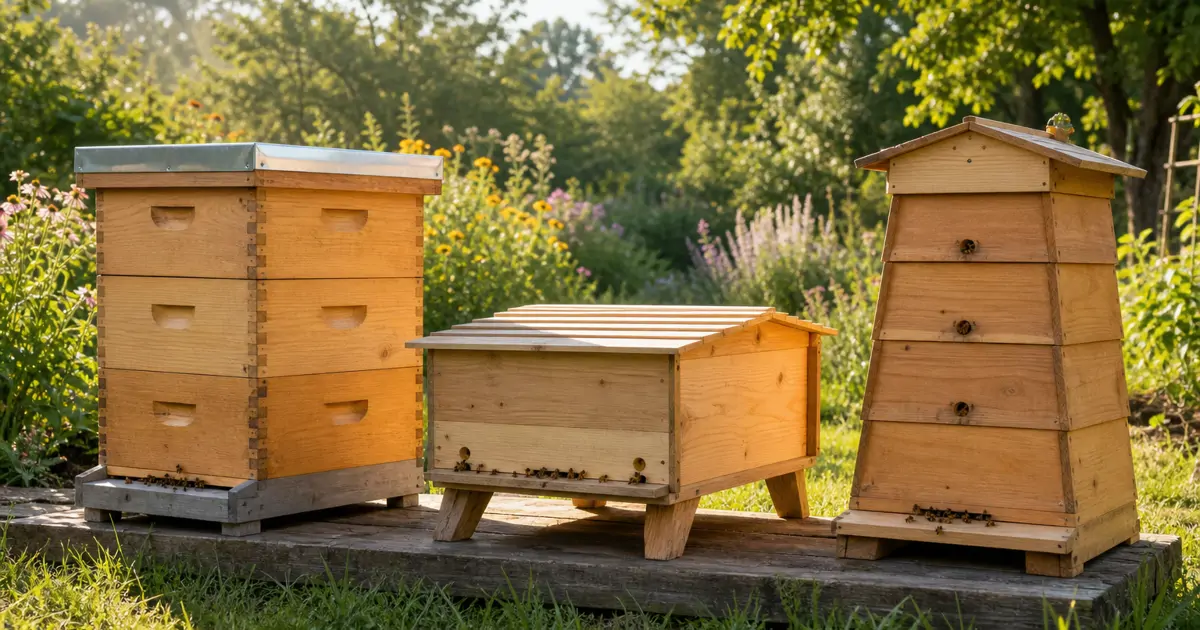 Three different styles of beehives lined up in a backyard garden setting
