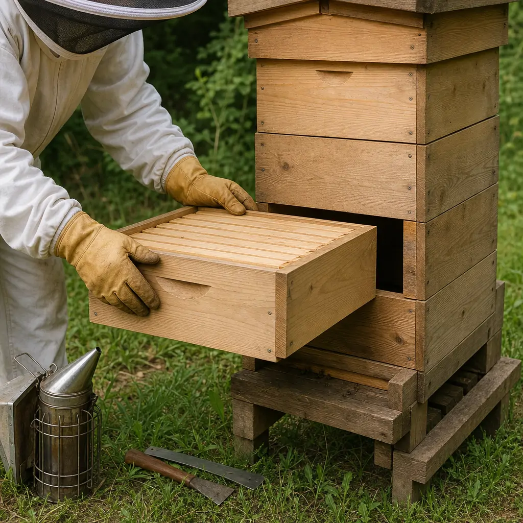Close-up of a Warre beehive box being added beneath the existing hive body