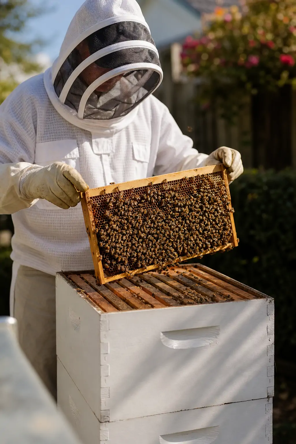 New beekeeper inspecting a Langstroth hive frame in a backyard apiary