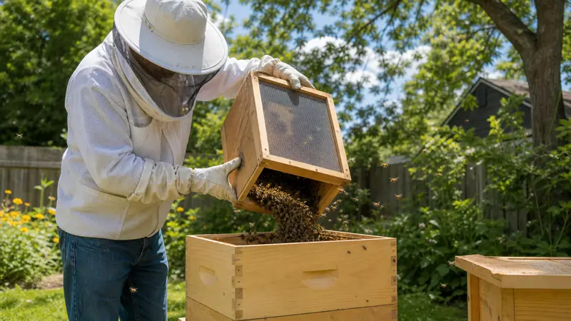 A beekeeper carefully pouring bees from a wooden package box into a new hive box