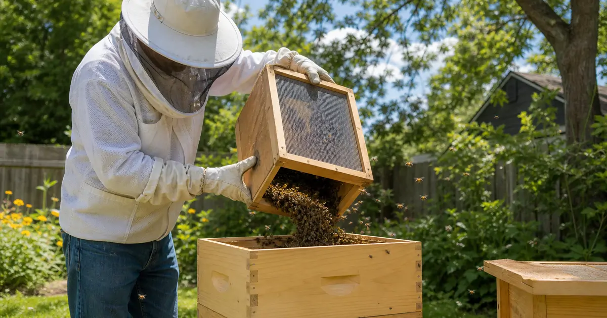 A beekeeper carefully pouring bees from a wooden package box into a new hive box