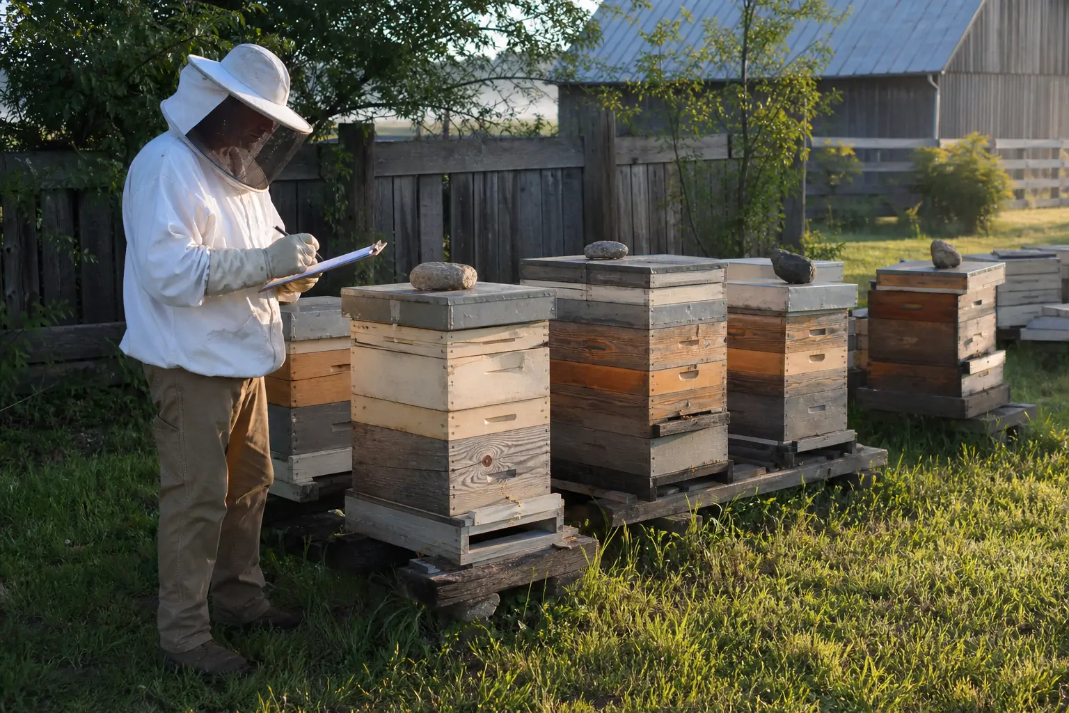 A row of wooden nucleus colony boxes stacked at a local bee breeder's apiary in spring