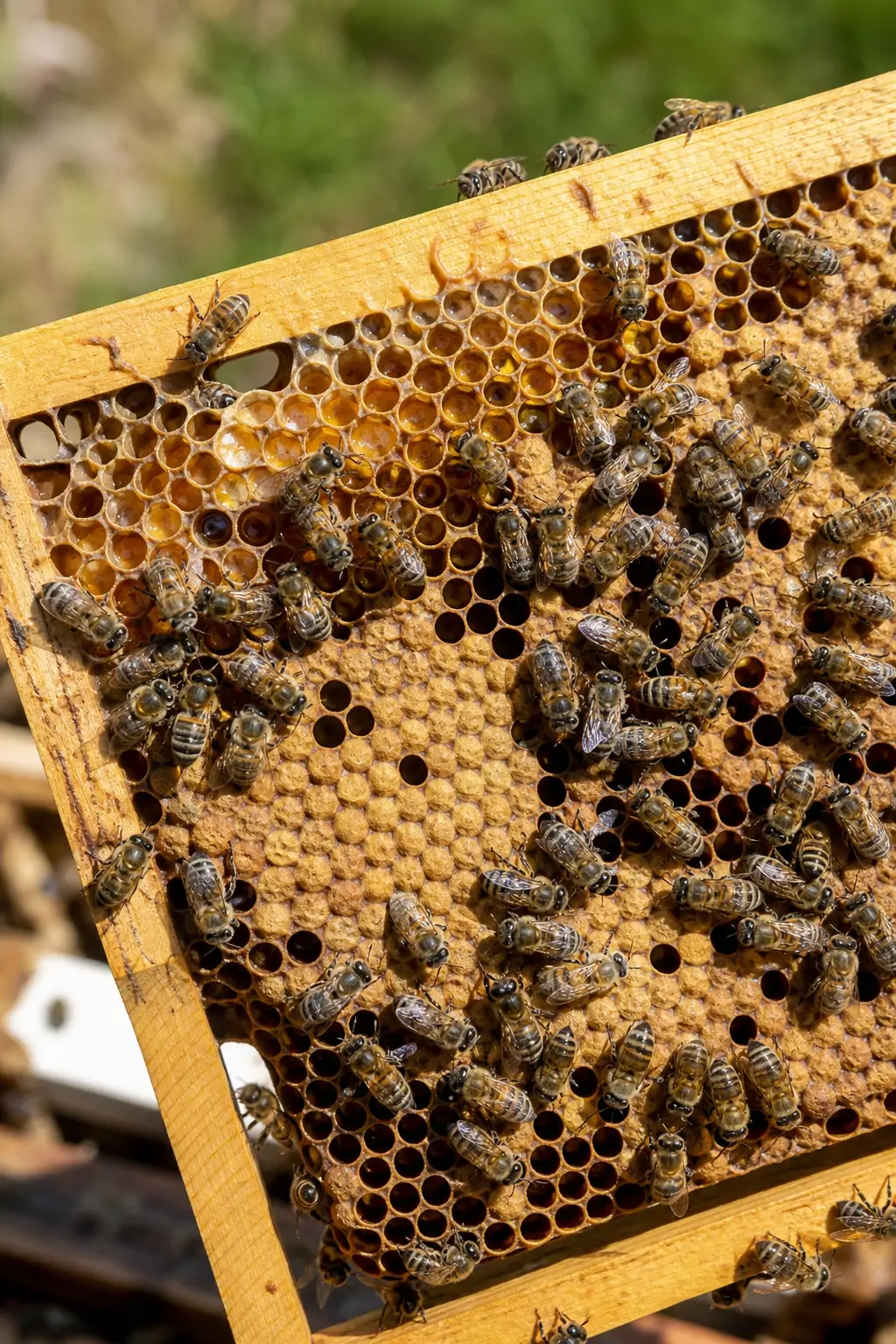Close-up of a frame from a nucleus colony showing capped brood, honey, and worker bees