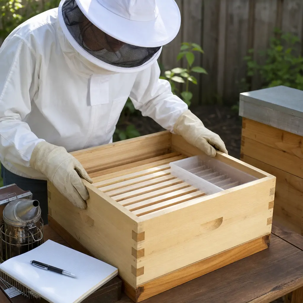 A beekeeper inspecting a newly assembled hive box before installing a package of bees