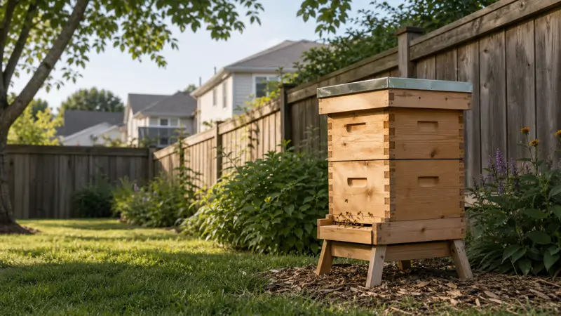 A backyard beehive setup next to a residential fence with a city skyline in the distance