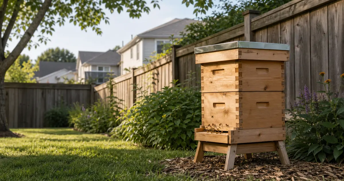 A backyard beehive setup next to a residential fence with a city skyline in the distance