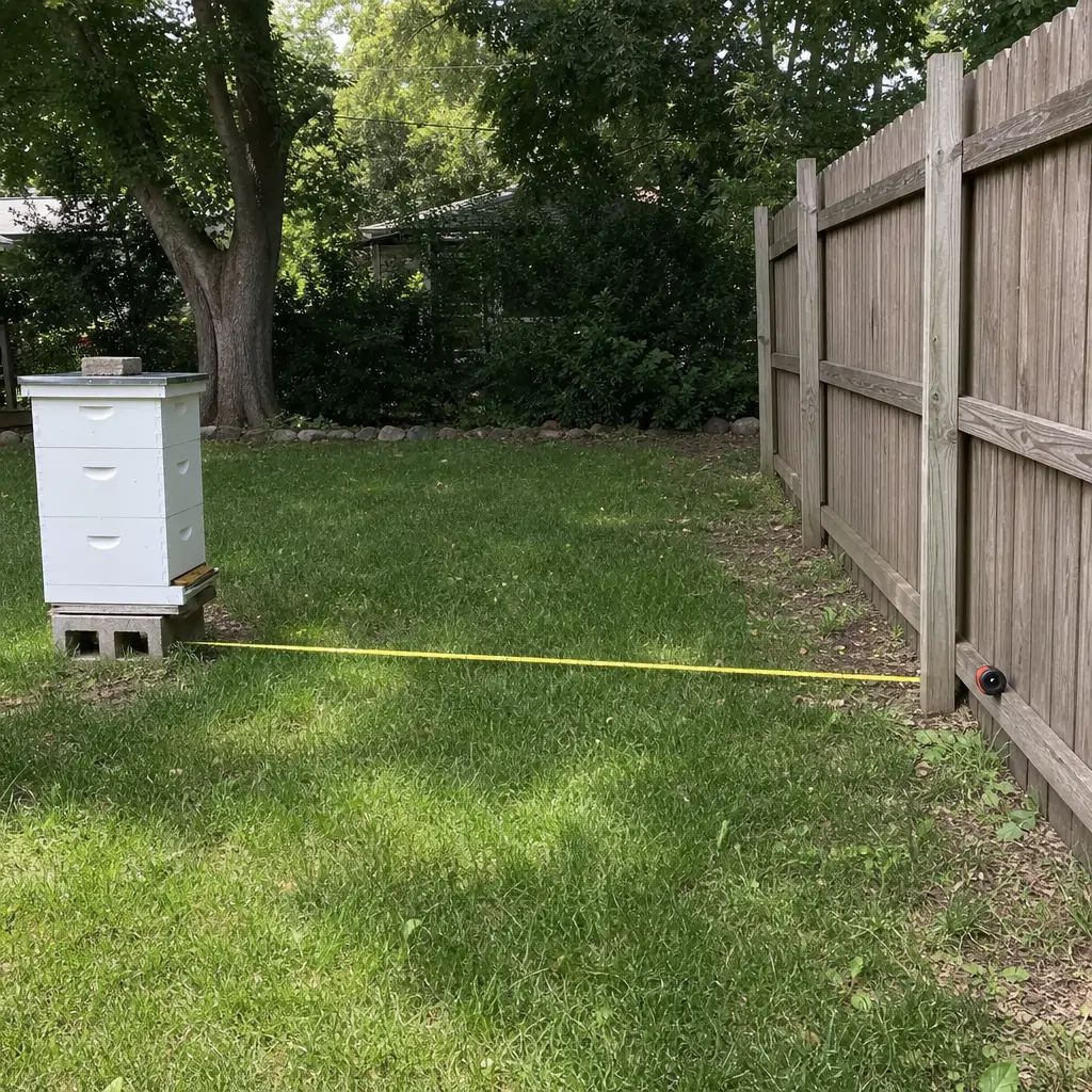 A tape measure stretched across a yard showing the distance between a hive and a fence line
