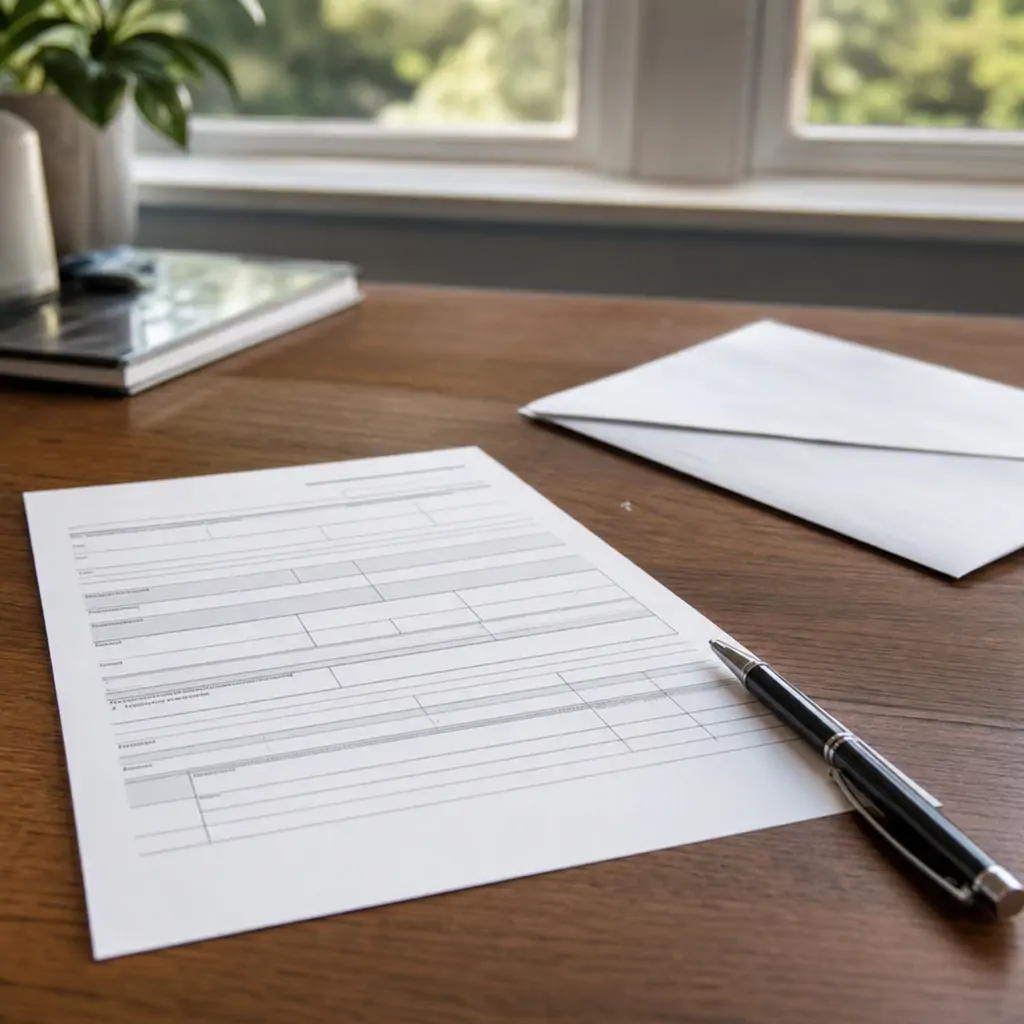 A rural mailbox and paperwork folder representing a state apiary registration form on a desk