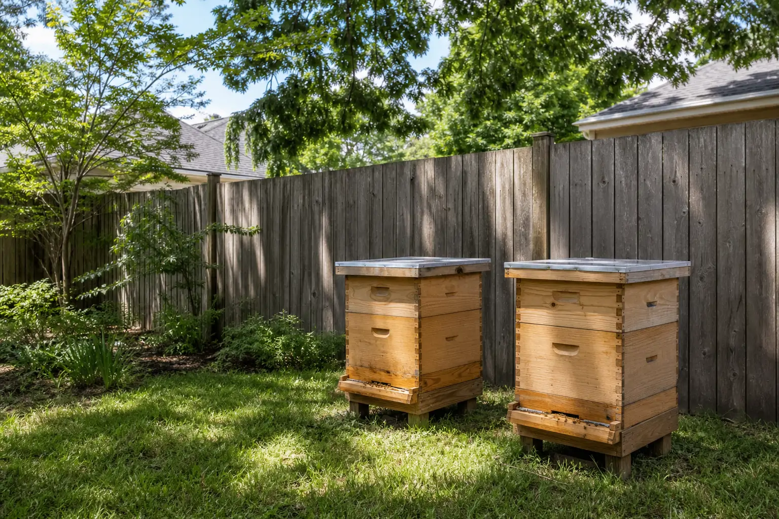 Two beehives facing away from a neighboring yard with a tall wooden privacy fence beside them