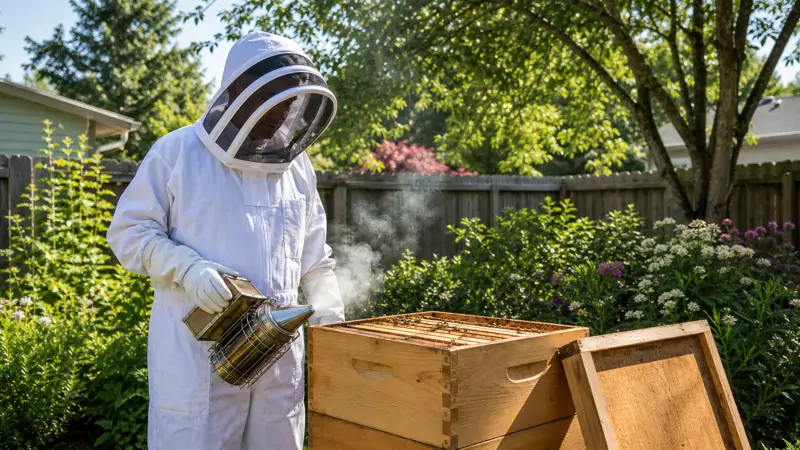 Beekeeper wearing a full white beekeeping suit and veil while inspecting a wooden hive