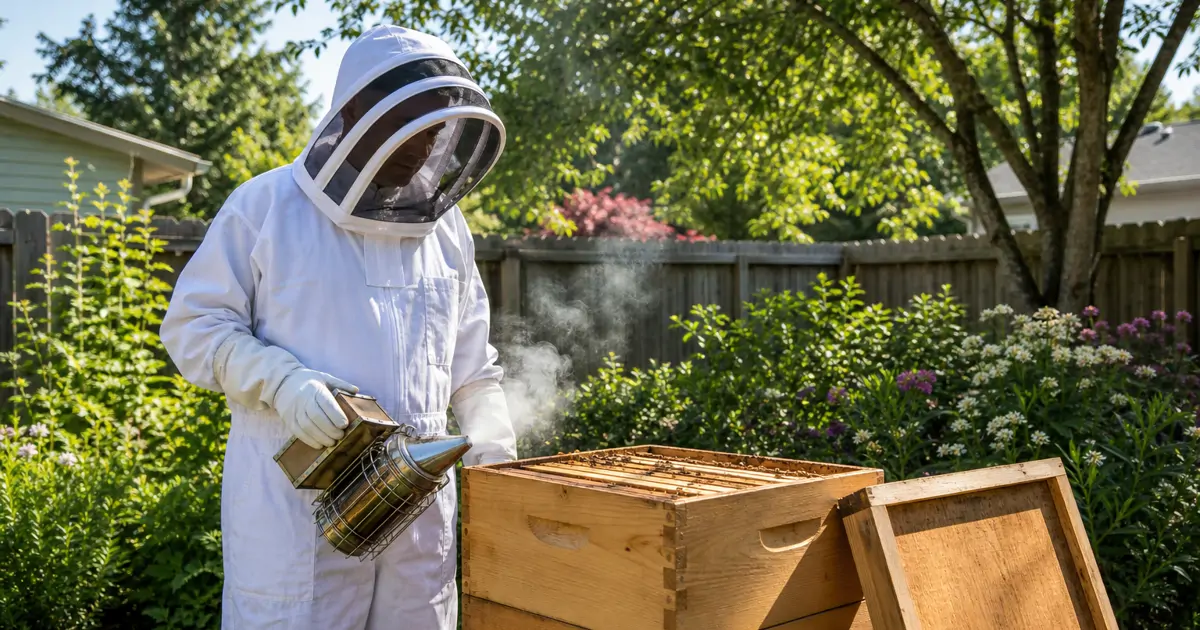 Beekeeper wearing a full white beekeeping suit and veil while inspecting a wooden hive