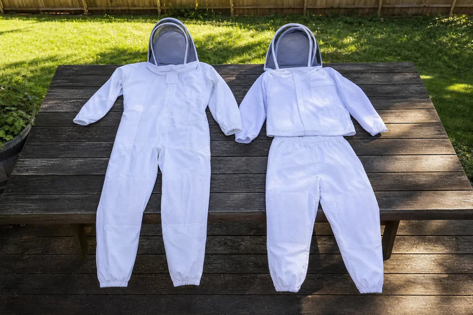 Two beekeeping outfits laid side by side showing a full suit compared to a jacket and pants combination