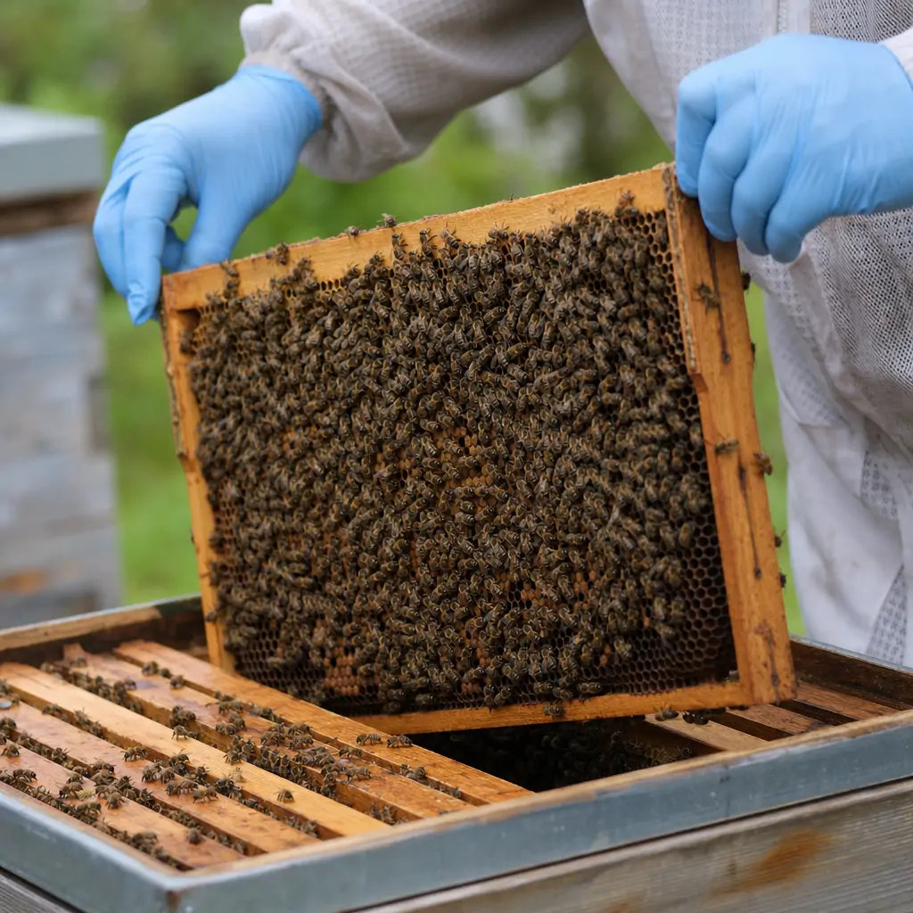 Close-up of gloved hands carefully lifting a honeycomb frame covered in bees from a hive