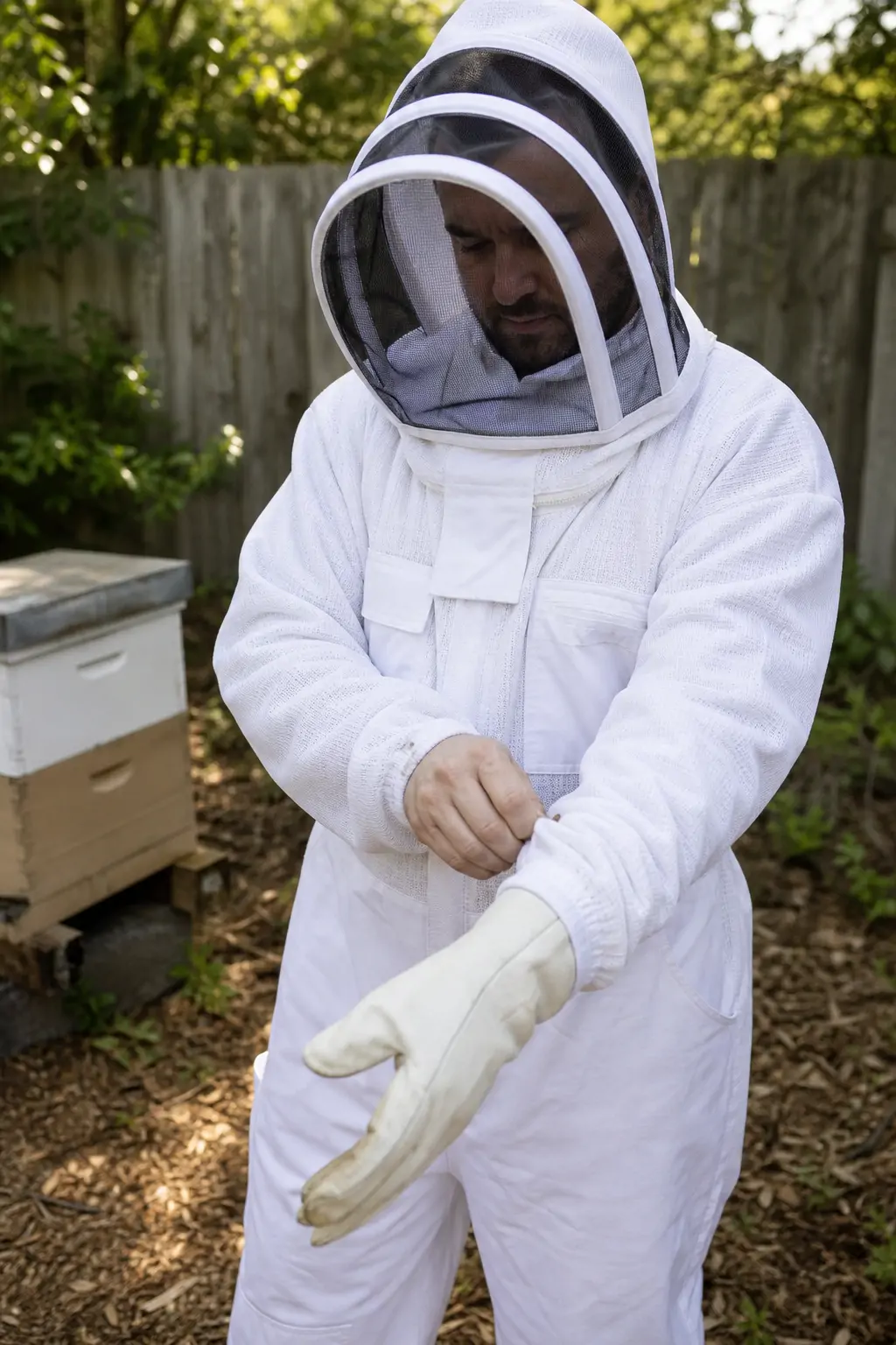 Beekeeper adjusting a wrist and glove cuff to close a gap before approaching an open hive