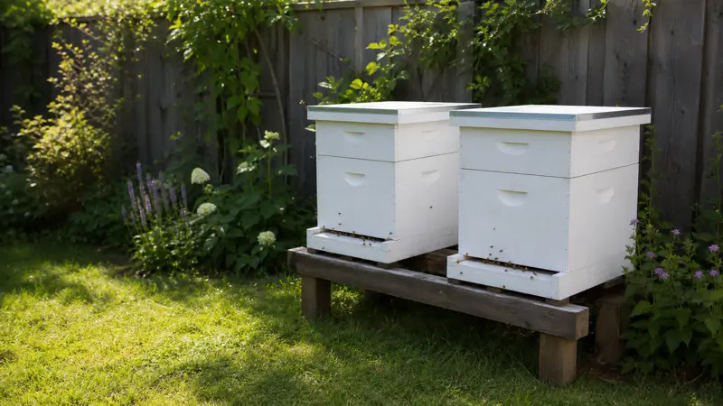 Two beehive boxes side by side in a backyard garden setting