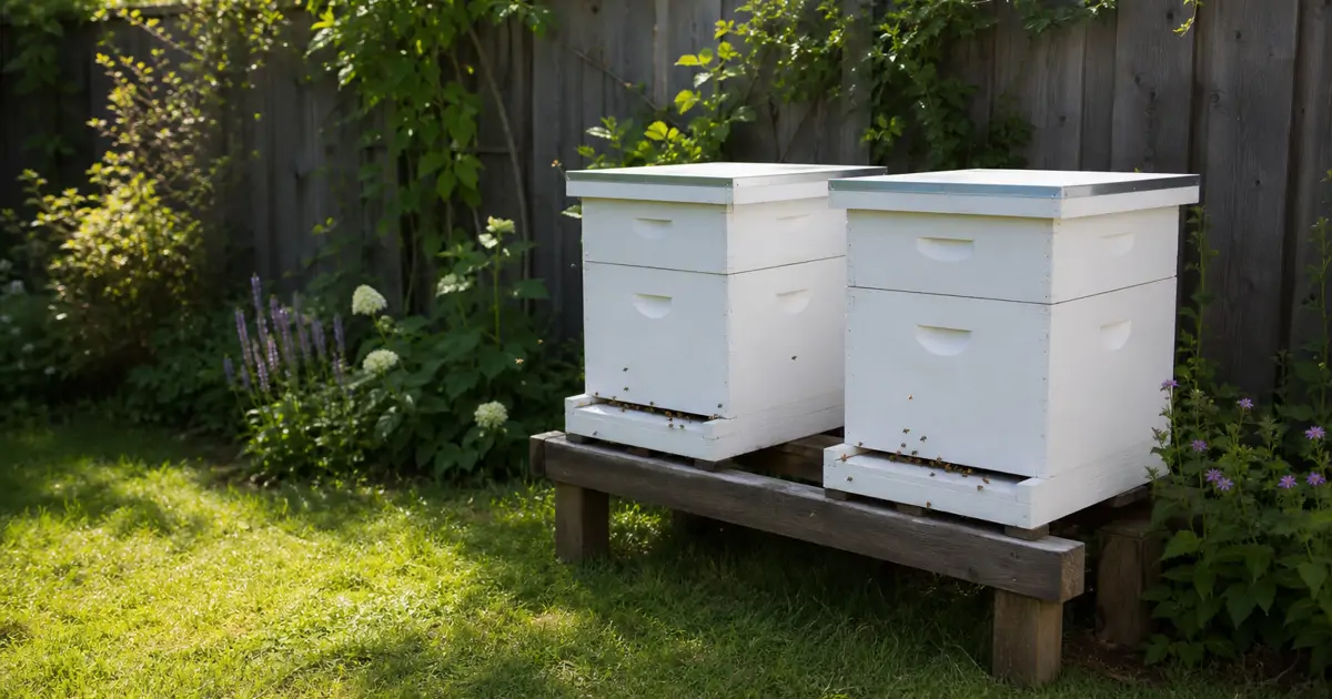 Two beehive boxes side by side in a backyard garden setting