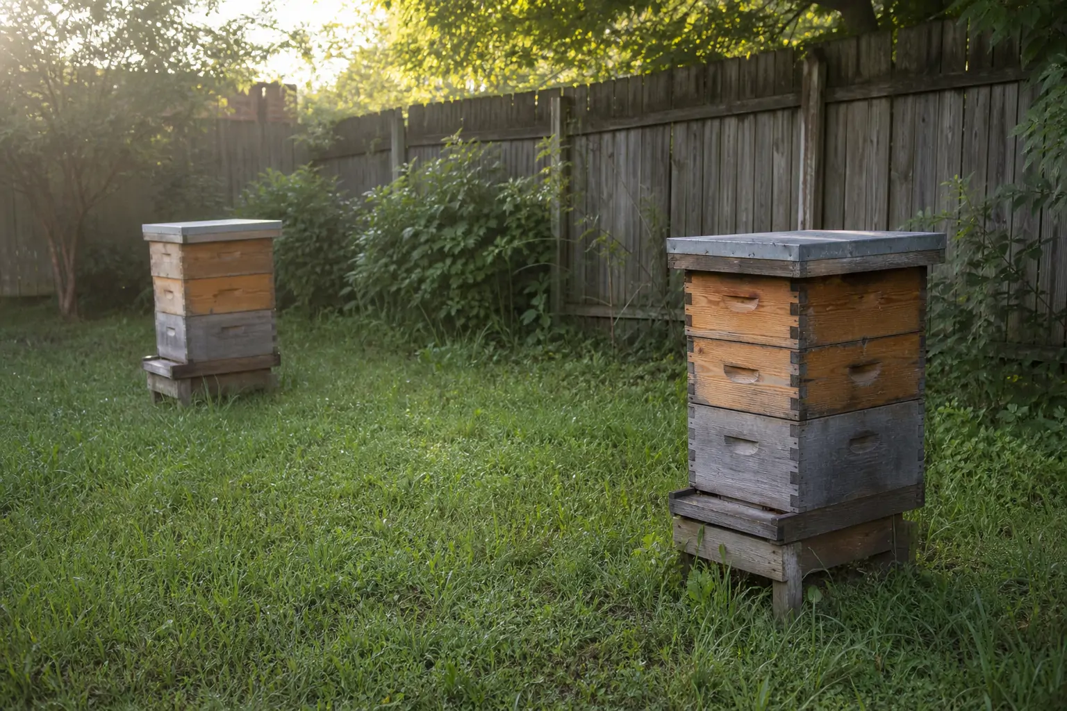 Two beehives spaced apart at slight angles in a backyard to reduce bee drifting