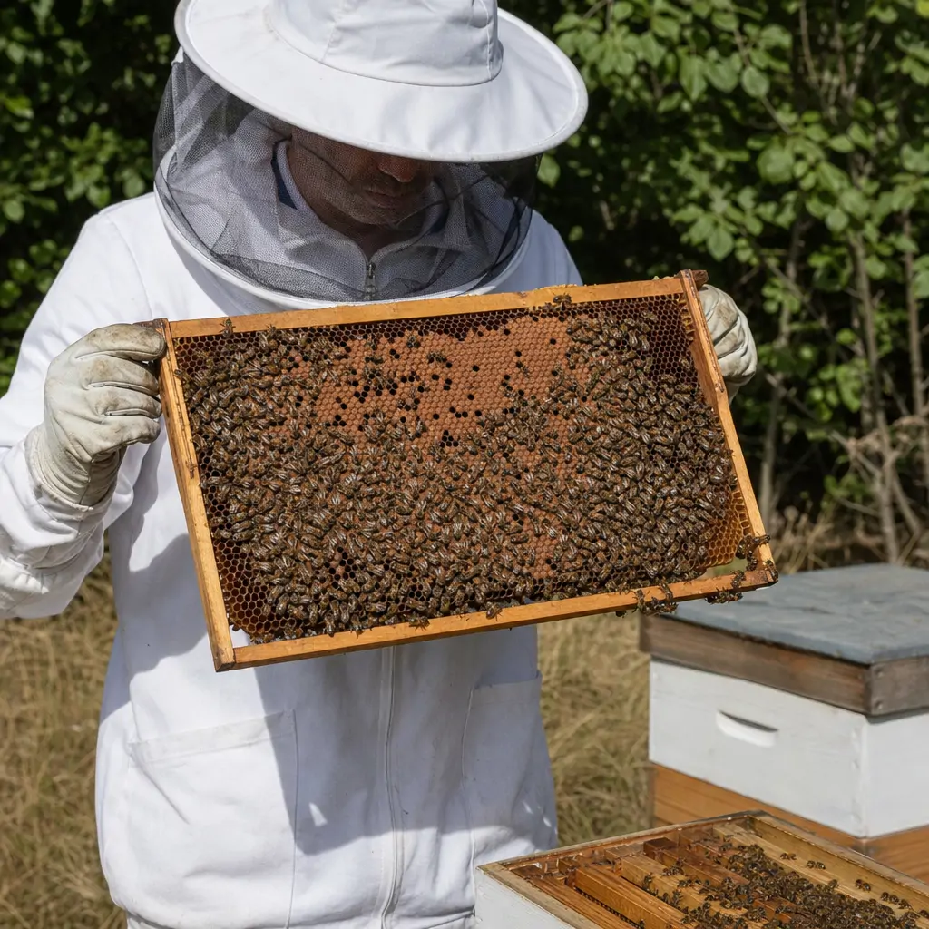 Beekeeper comparing a brood frame from one hive against another nearby colony