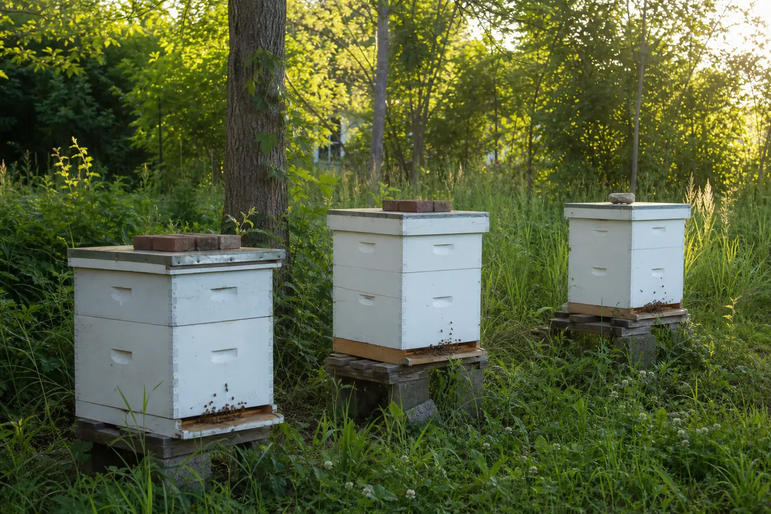 A small backyard bee yard with three hives arranged for easier seasonal management