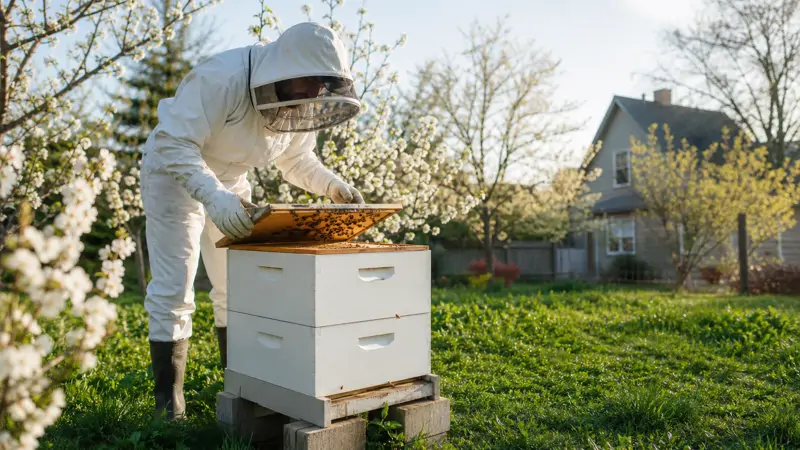 A beekeeper opening a new hive in early spring with blossoming trees in the background