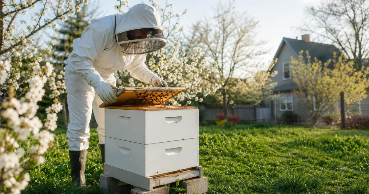 A beekeeper opening a new hive in early spring with blossoming trees in the background