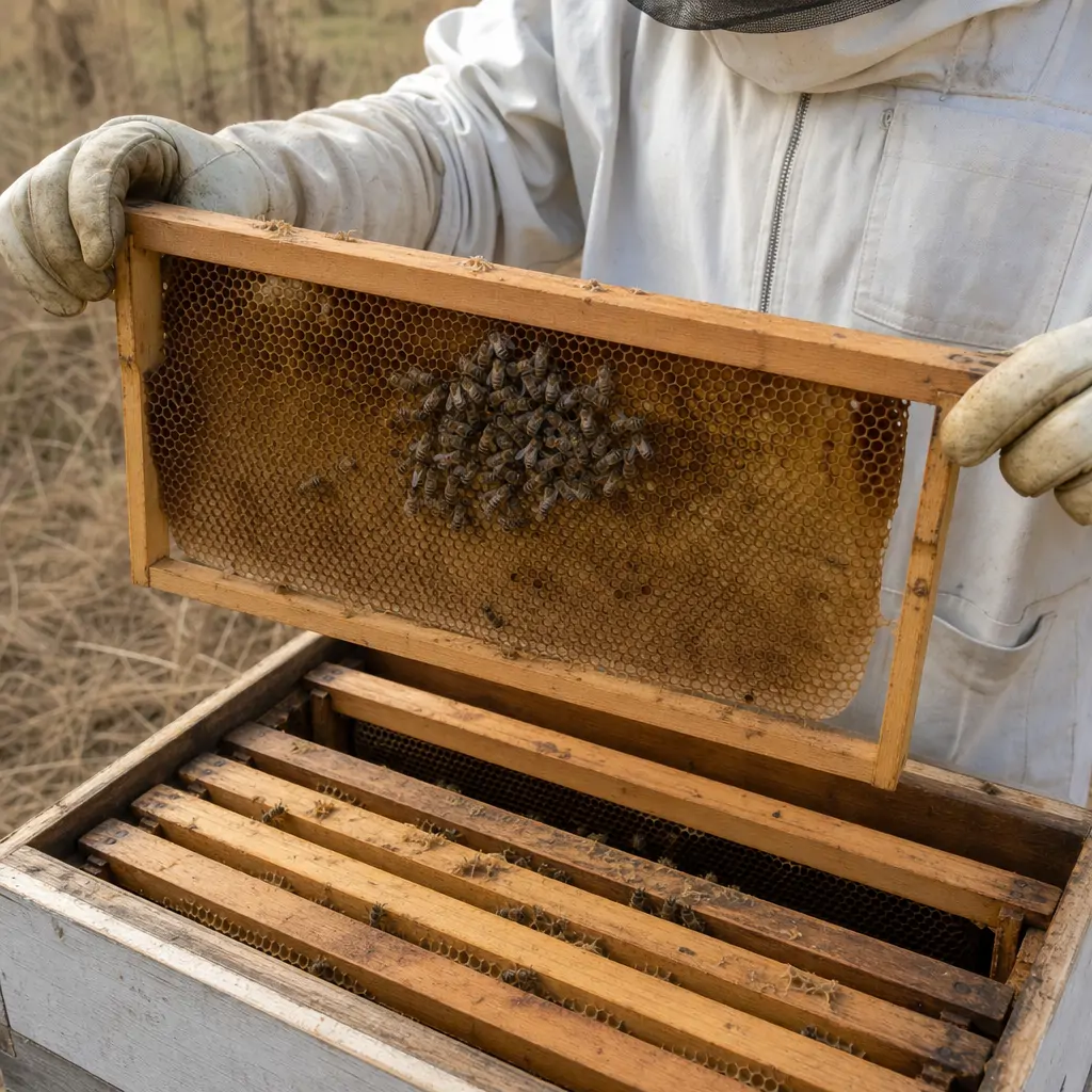 A weak colony with sparse comb and few bees during a late summer hive inspection