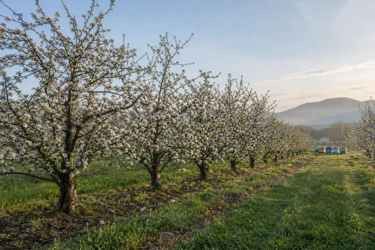 A blooming fruit orchard in early spring representing a regional nectar flow beekeepers plan around