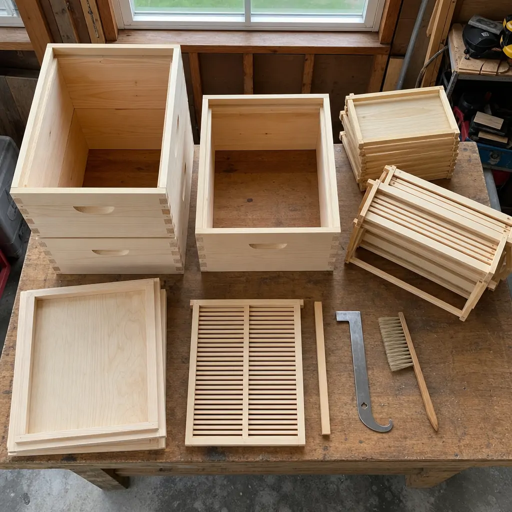 Unassembled beehive boxes, frames, and tools laid out on a workbench ahead of spring installation