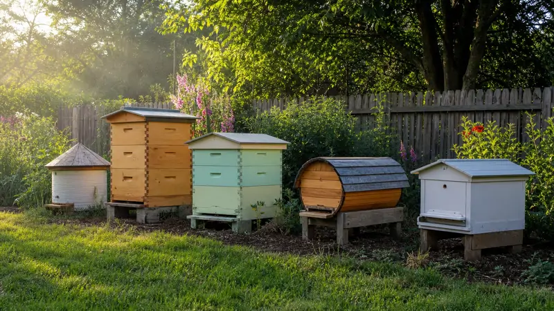 Several different styles of backyard beehives arranged in a sunny garden setting