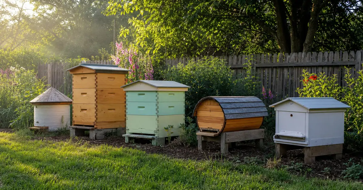 Several different styles of backyard beehives arranged in a sunny garden setting