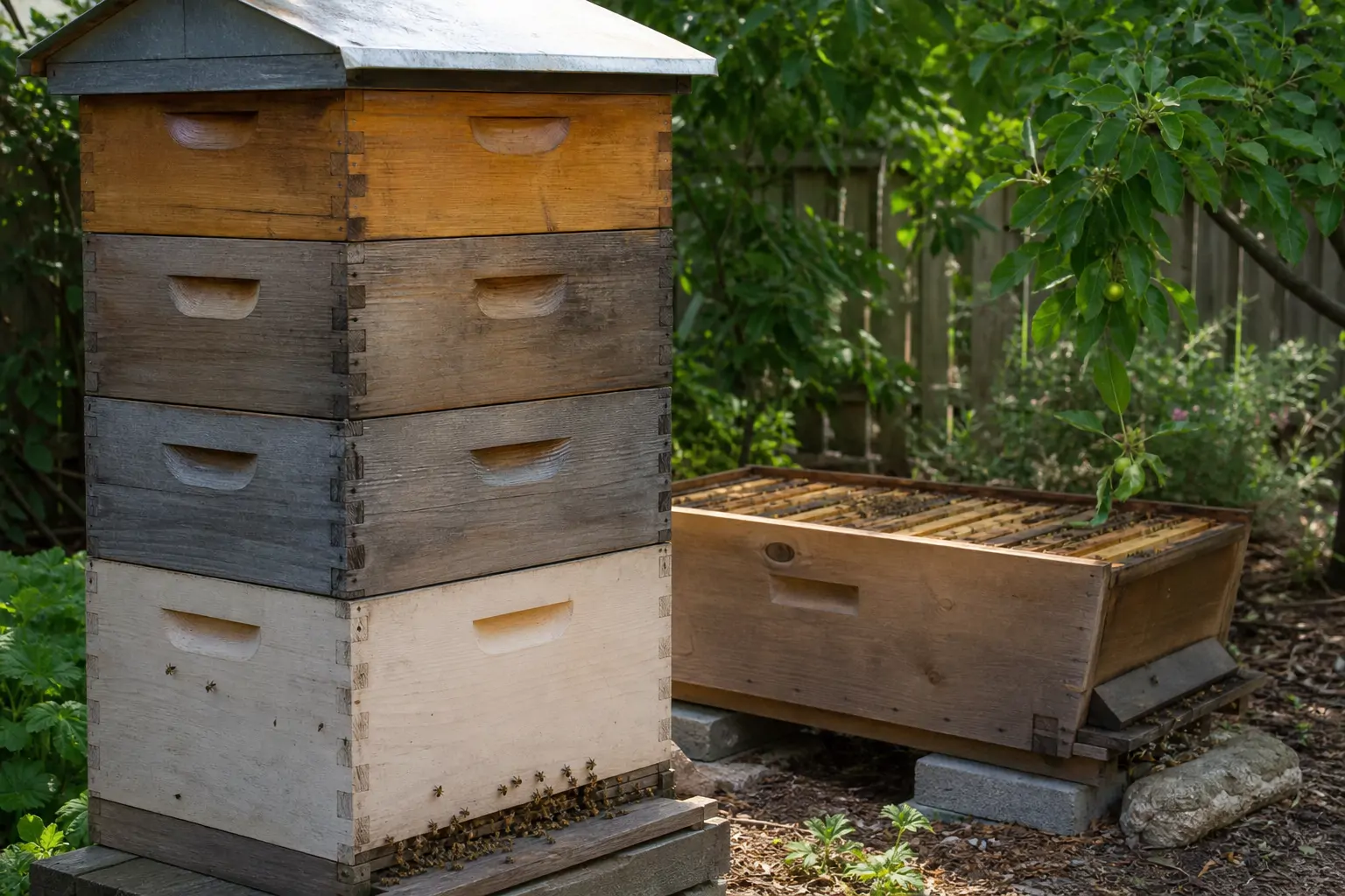Row of stacked wooden Langstroth boxes next to a horizontal top bar hive in a garden