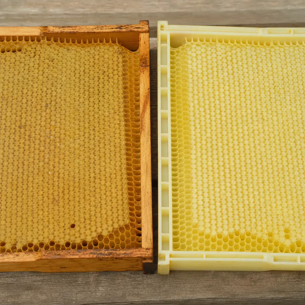 Close-up comparison of a wooden beehive frame and a plastic beehive frame side by side