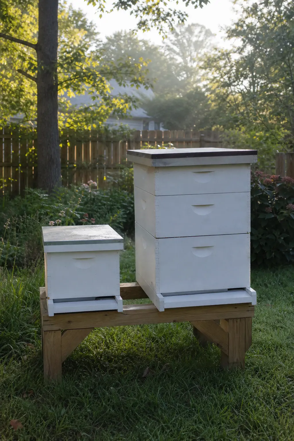 Small nucleus beehive box positioned near a larger full-size beehive on a wooden stand