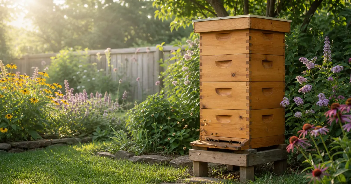 A wooden Warre beehive with stacked boxes standing in a quiet backyard garden