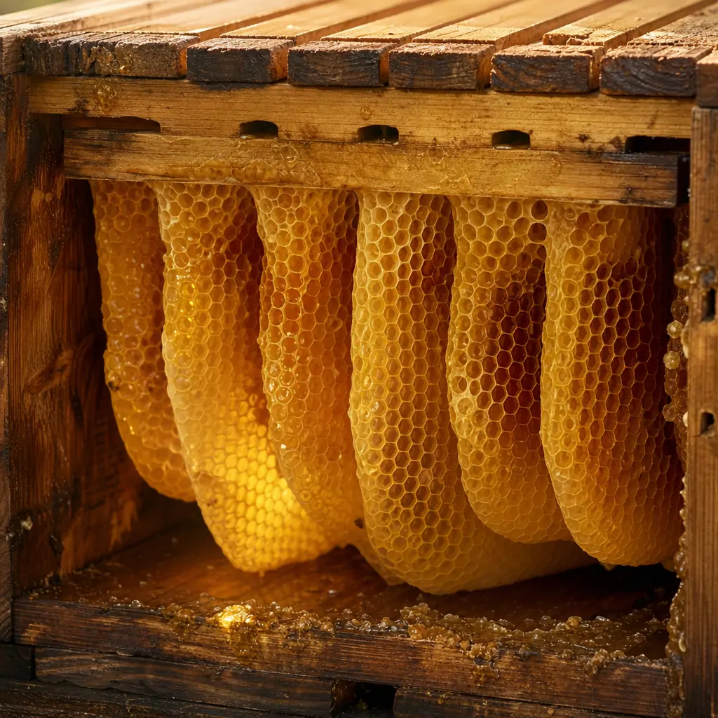 Cross-section view of a Warre hive box showing natural comb hanging from top bars
