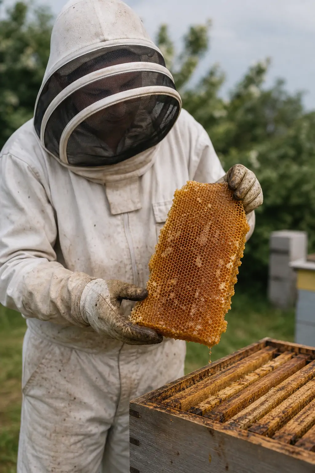 Beekeeper examining a piece of broken comb during a honey harvest from a top bar style hive