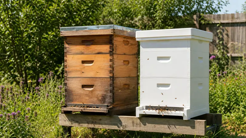 A wooden beehive box and a white plastic beehive box sitting side by side in a backyard apiary
